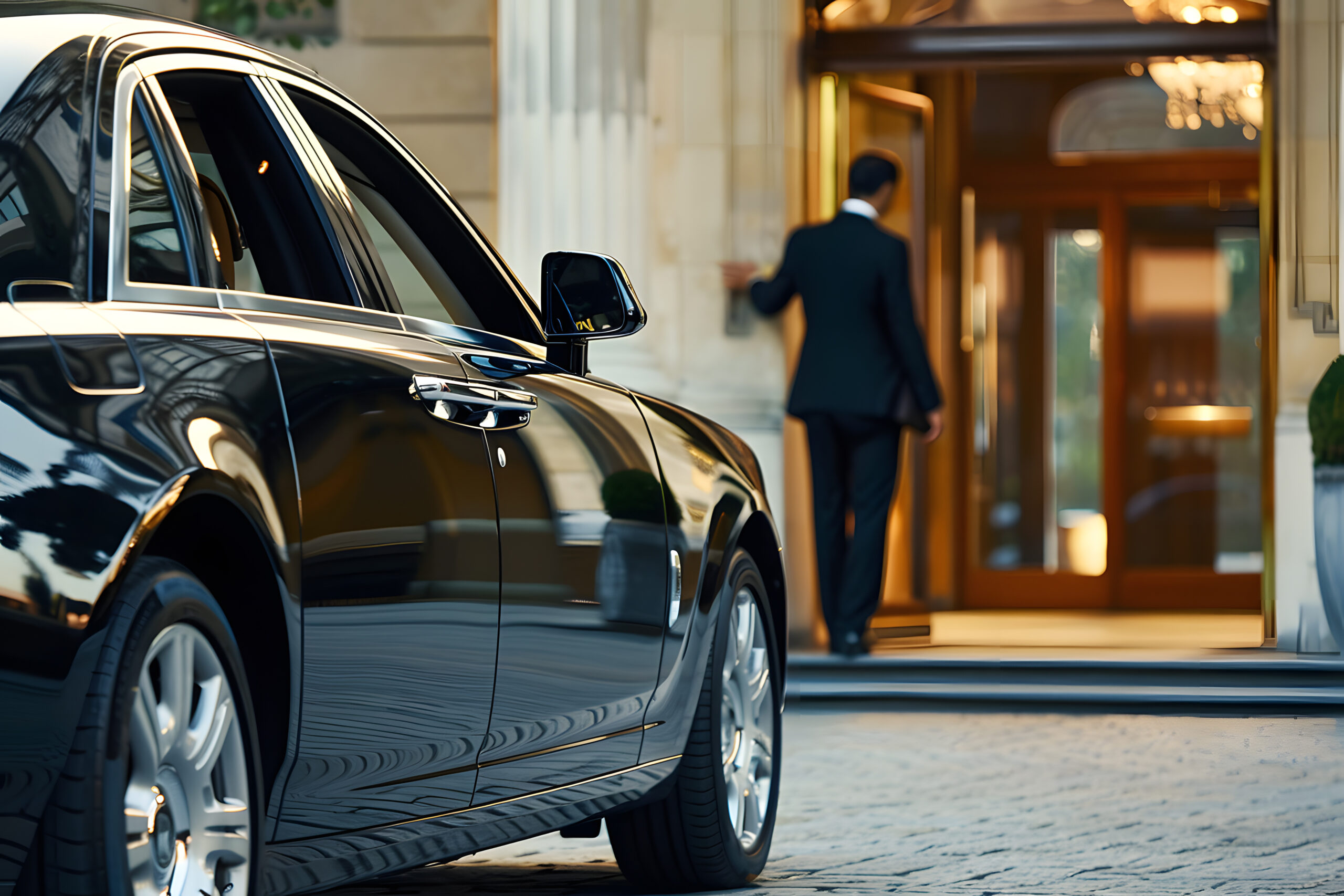 Elegant chauffeur opening hotel door with luxury car in the foreground